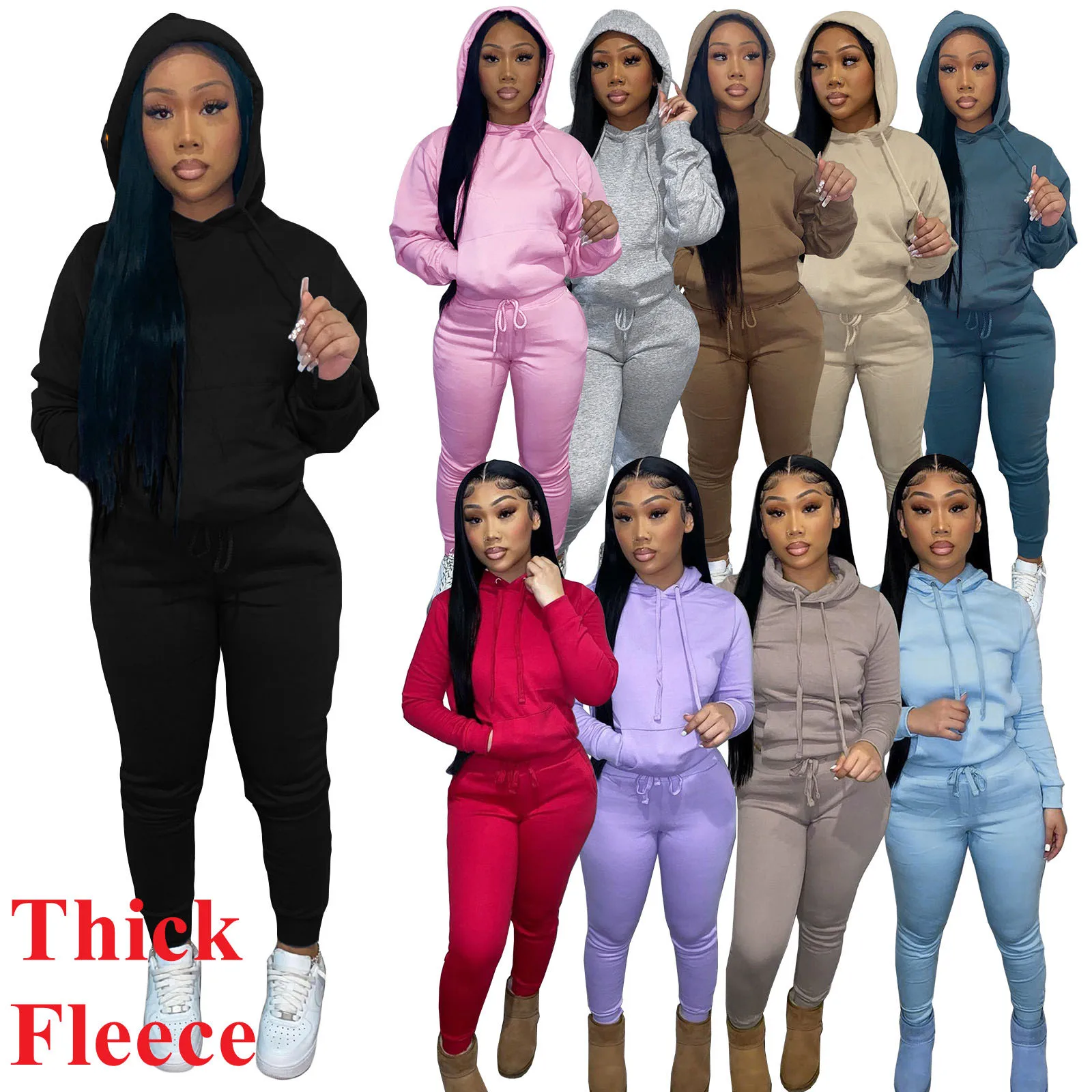 

2022 Fall Clothes Long sleeve hoodie two piece jogger sets woman fleece thick cotton Sweatsuit winter outfits for women, Picture color