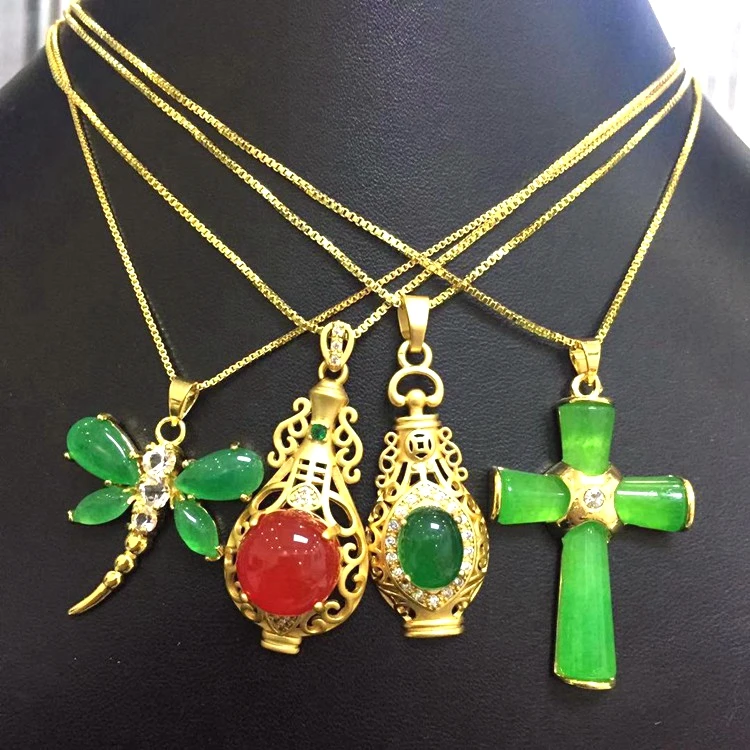 

2020 new styles special jewelry gold plated iced out green agate jade gourd chinese jade dragonfly pendant necklace women