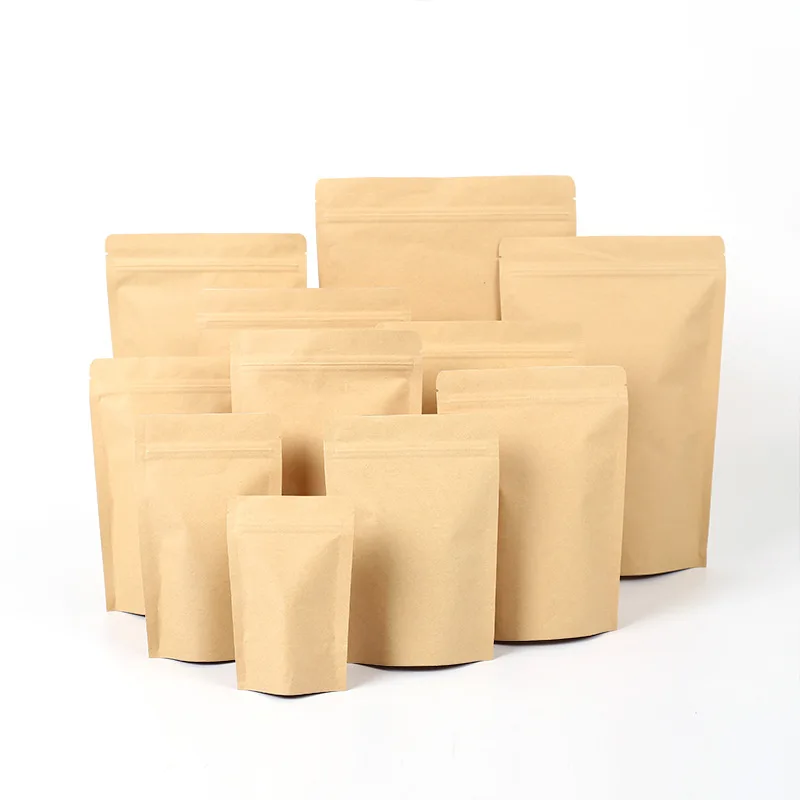 

In Stock Blank Zipper Paper Packaging Bag Various Size Kraft Paper Stand Up Pouch for Food