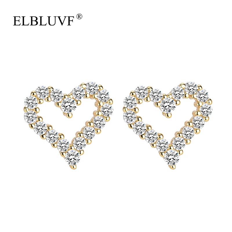 

ELBLUVF Free Shipping Romantic White Zircon Stone S925 Sterling Silver Heart Earrings For Women Wholesale, Silver/gold