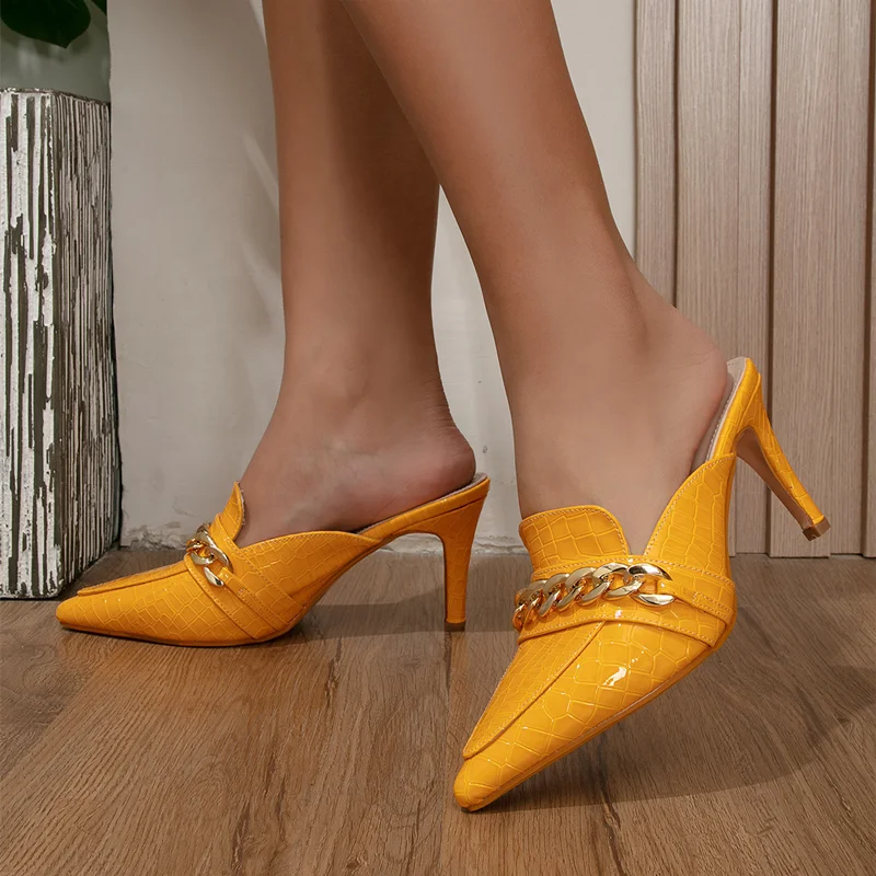 

Crocodile Print Slip on Shoes Casual Women Mules High Heel Shoes Closed Pointy Toe Sandal Summer Slipper, Yellow red apricot