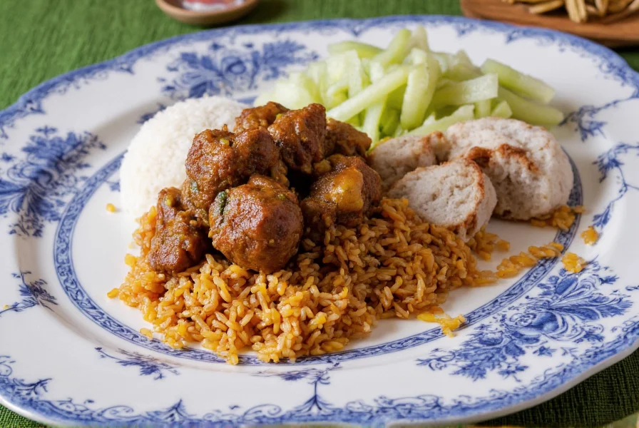 Plated spicy cumin lamb served with steamed rice and cucumber salad on traditional Chinese porcelain
