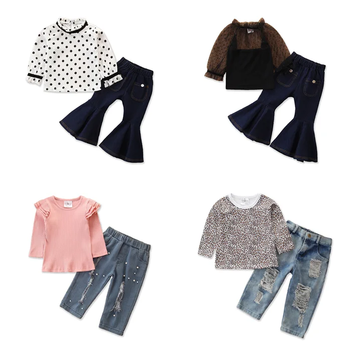 

Children 2021 spring summer set INS ocean wave dot round collar net top denim bell bottoms girls clothes for hot selling, As pic shows, we can according to your request also