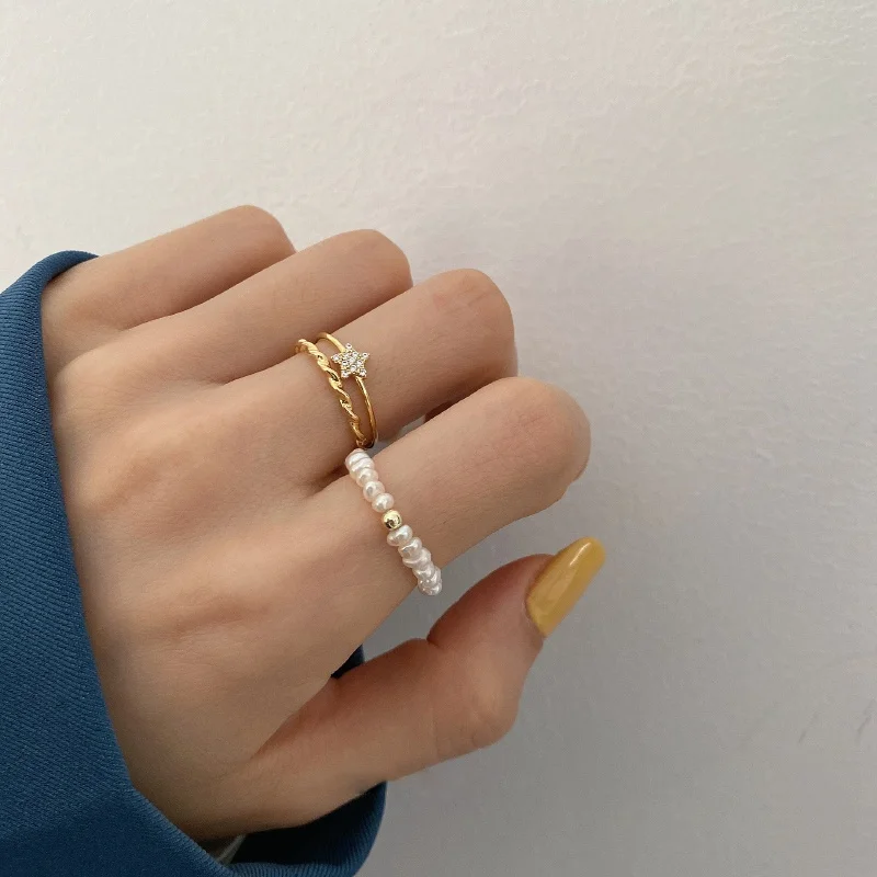 

New Design Delicate Gold Color Rings For Women Geometric Mid Finger Knuckle Elegant Freshwater Pearl Beads Rings Jewelry Gifts, As picture