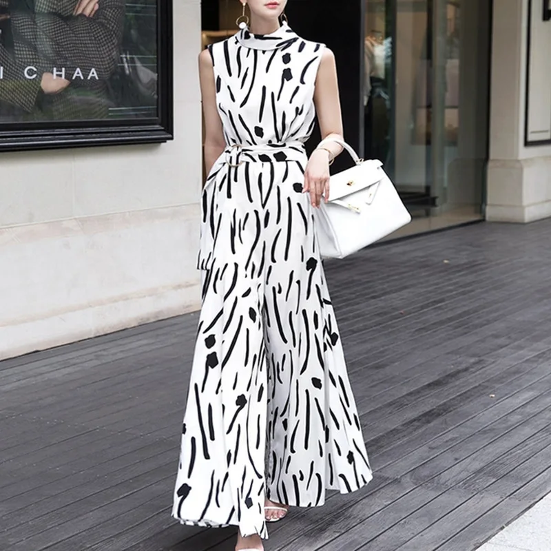 

2020 New arrival spring summer new style elegant stripe sleeveless loose high waist wide leg jumpsuit pants