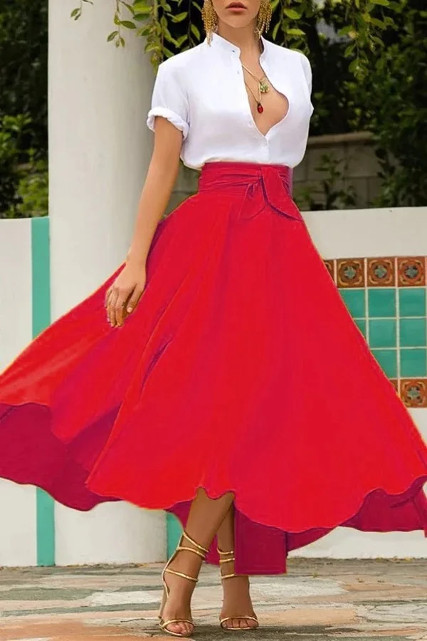 Elegant solid color long dress with a bow belt and big hem skirt for women and girls, perfect for evening events and special occasions