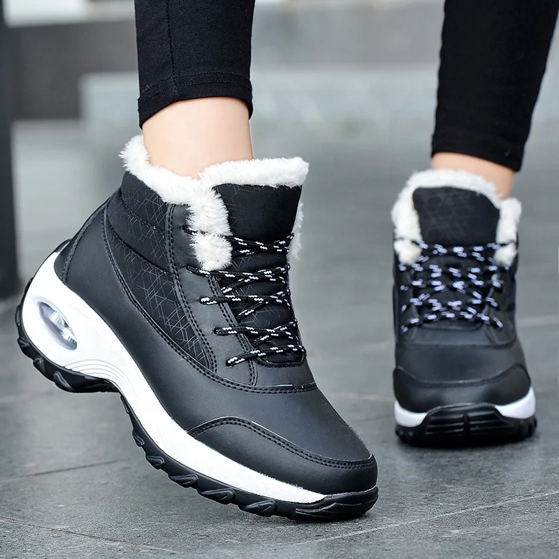 

High Top Ladies Plush Air Cushion Fashion Casual Wedges Sport Winter Shoes For Women, Black/blue