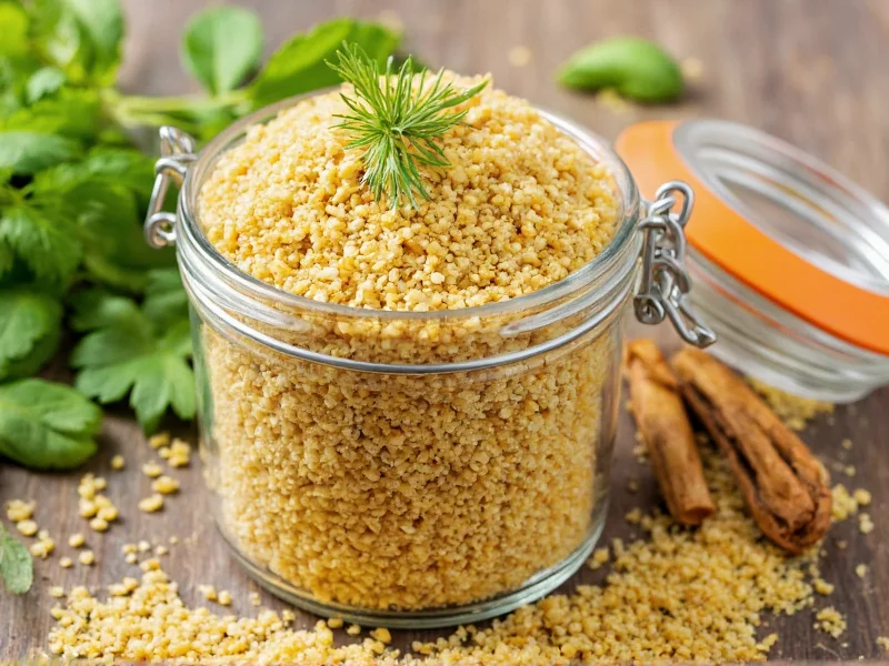 Golden homemade breadcrumbs in glass jar with fresh herbs