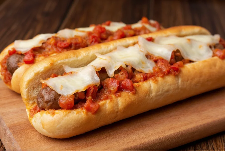 Sausage and peppers served in a crusty hoagie roll with melted provolone cheese on a wooden cutting board