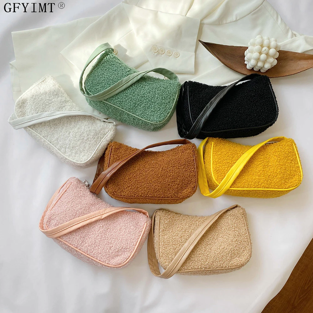 

Autumn Winter Fashion Woolen Handbag Totes Women Solid Color Underarm Shoulder Bags Casual Travel Street Clutches Purse Opp Bag, 8 colors