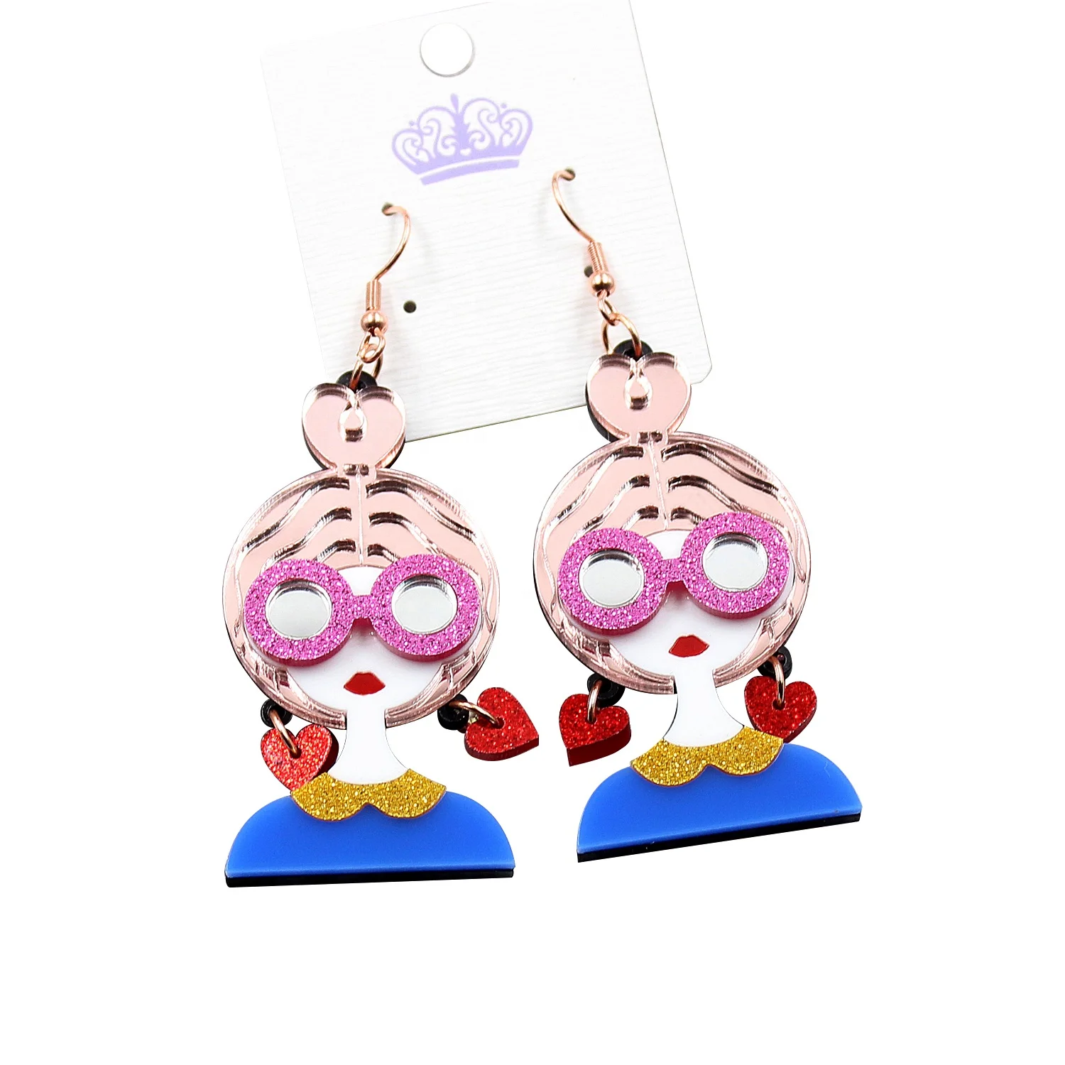 

HP058 55mm Acrylic Cute Fashion Girl Dangle Earring pink Glasses rose gold Hair Girl Laser Cutout Earrings