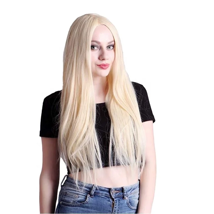 

Fashion Style Long Straight Hair Light Gold Medium Length Straight Hair Chemical Fiber Wig Human Hair