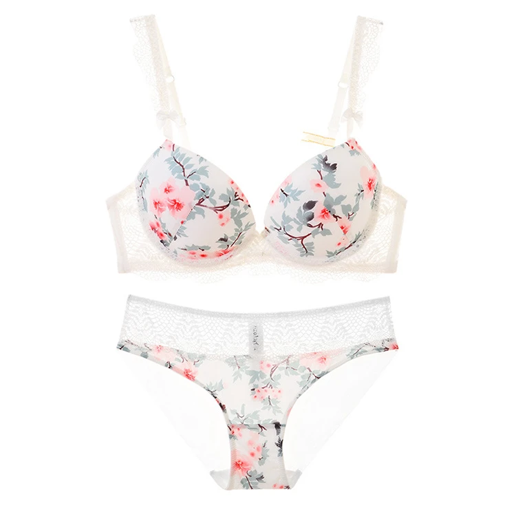 

Two piece womens floral push up 3/4 cup lace bra and panty lingerie set