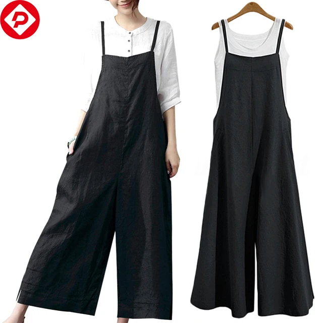 

Summer Casual Loose Long Bib Pants Wide Leg Women One Piece Jumpsuits Baggy Cotton Overalls Workout Rompers with Pockets