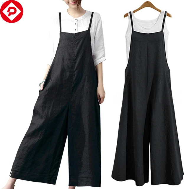 Summer Casual Loose Long Bib Pants Wide Leg Women One Piece Jumpsuits Baggy Cotton Overalls Workout Rompers with Pockets