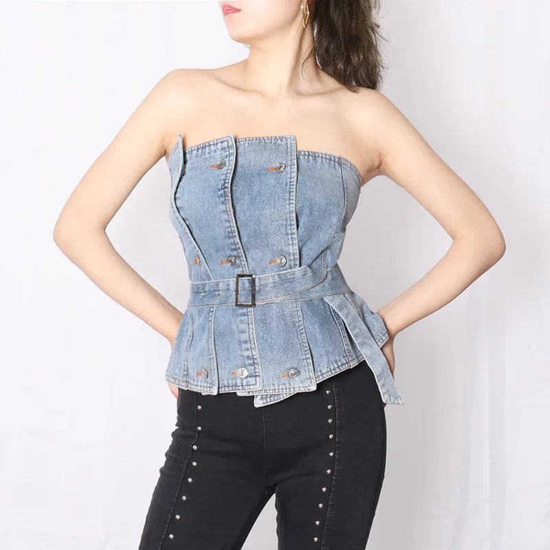

2020 Women's new blouse with strapless women sexy wrap blouse with backless demin vesst