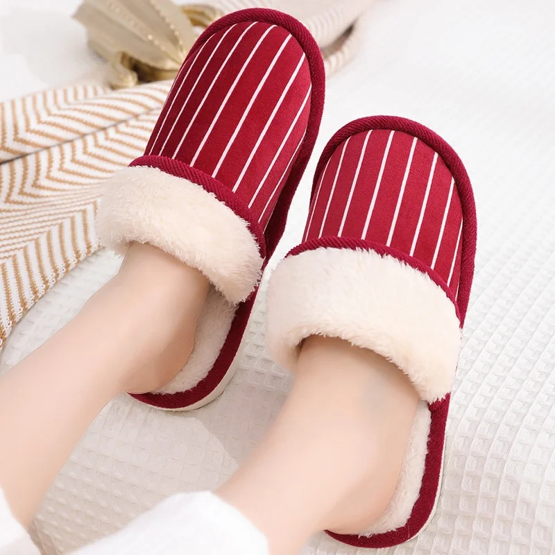 
Stripe Soft Plush Home Slippers Indoor Cotton Shoes Winter Floor Warm Furry Slippers For Women And Men 