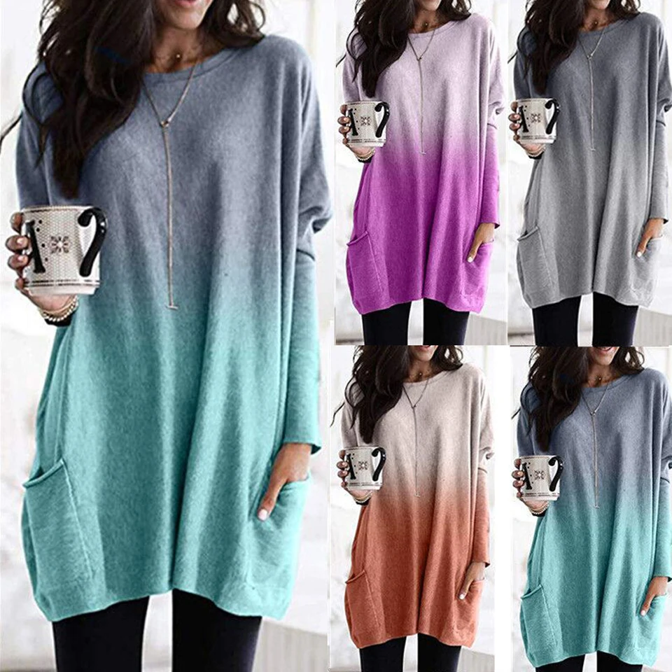 

Amazon Hot Selling Women Screwneck Tee shirt dresses Women Long sleeve tshirt dress with pocket Ladies plus size Casual dress