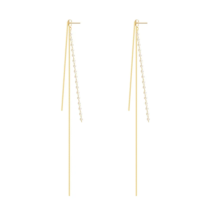 

s925 silver temperament pearl diamond long tassel chain earrings