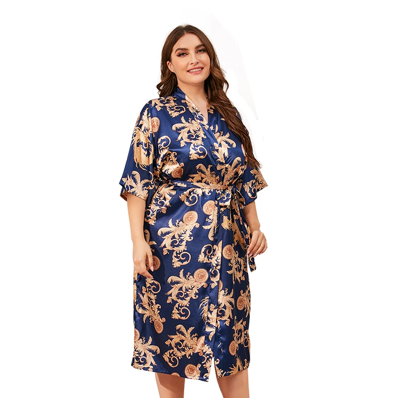 

Fashion Silk nightgown home service female fat women printed morning plus size robe bathrobe, Picture shows