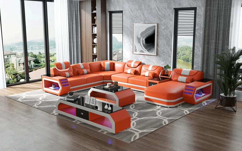 Orange Color Leather Modern Sofa Set Big House Living Room Furniture