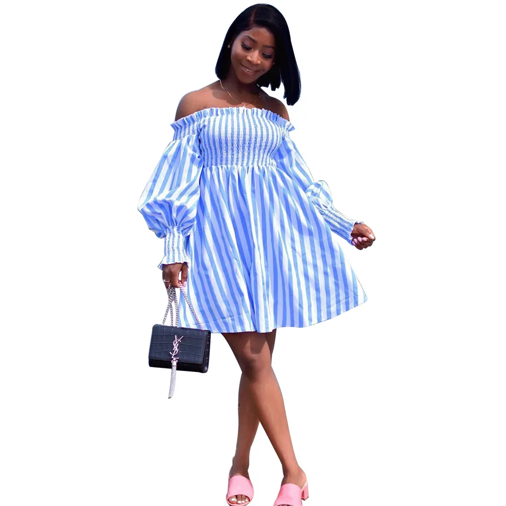 

One Shoulder Stitching Contrast Blue And White Striped Lantern Sleeves Pleated Collar Large Swing Mid Dress, As photo