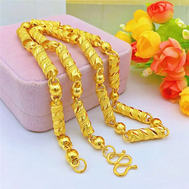 

Vietnam Placer Gold Men's Carven Design Beads Chain Necklace Elegant Fashion Brass Gold-Plated Jewelry