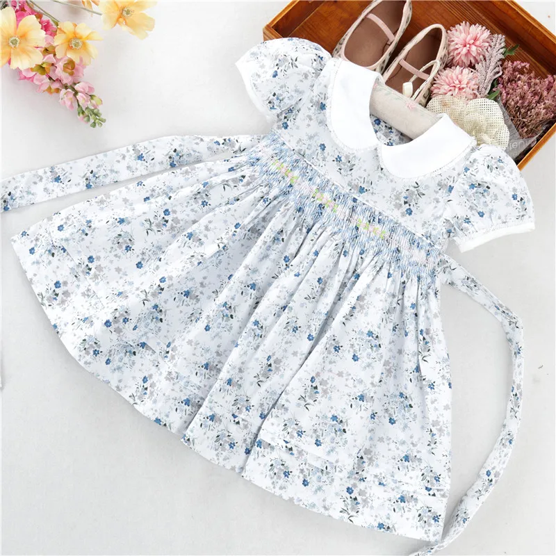 

H032063 summer kids smocked clothing flower baby girls dresses cotton peter pan collar children clothes wholesale