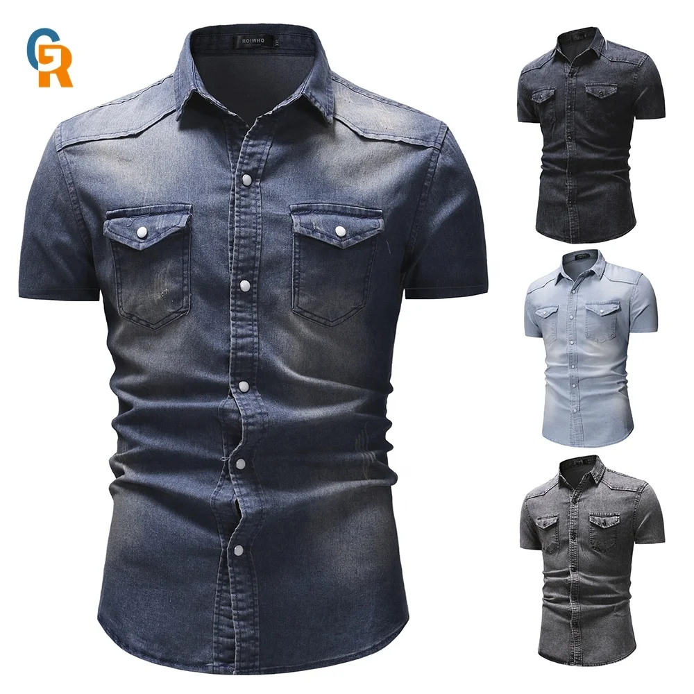 

Solid color custom short sleeve denim top shirt design