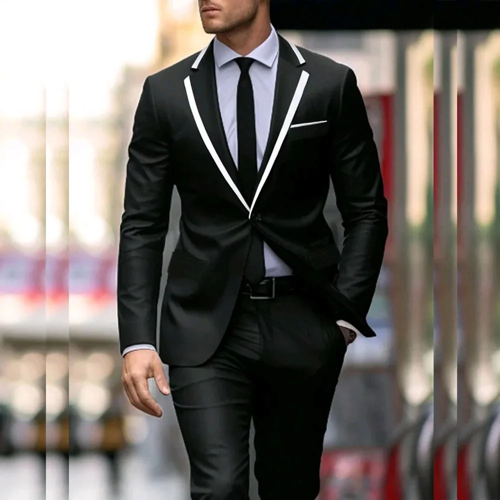 Elegant Black Men's Suits 2 Piece Jacket Pants Sets Solid Color Notch Lapel Single Breasted Male Clothing Wedding Tuxedos Blazer