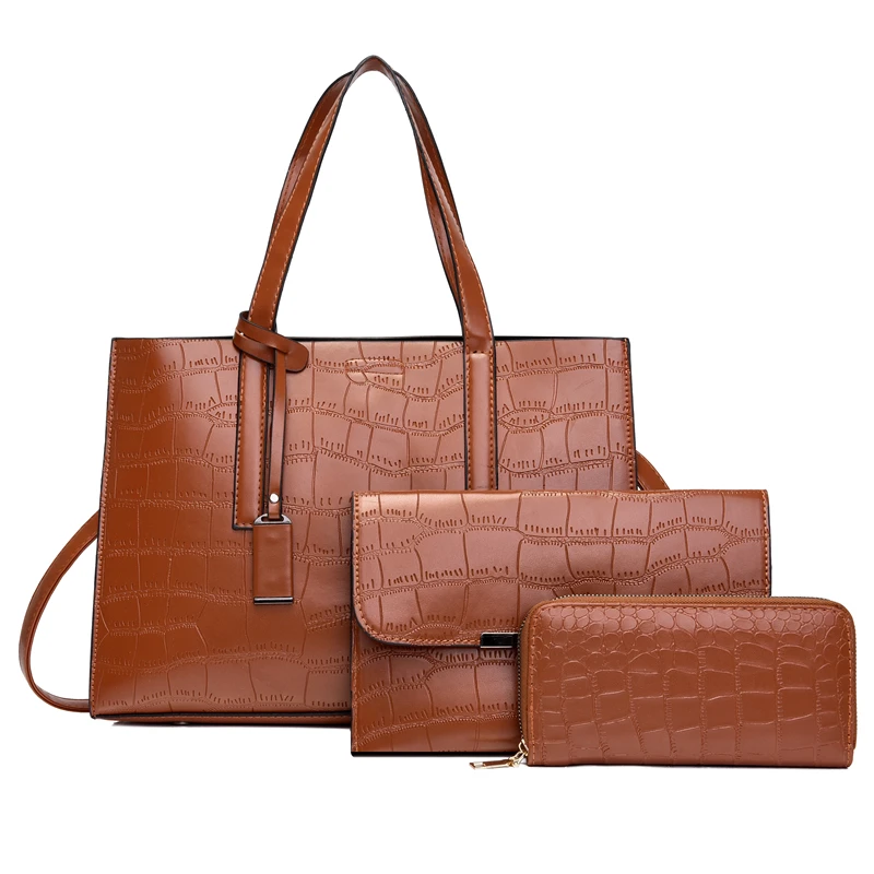 

2021 new mother and child bag three piece set fashion crocodile Single Shoulder Messenger Bag Large Capacity handbag, Brown/black/blue/red