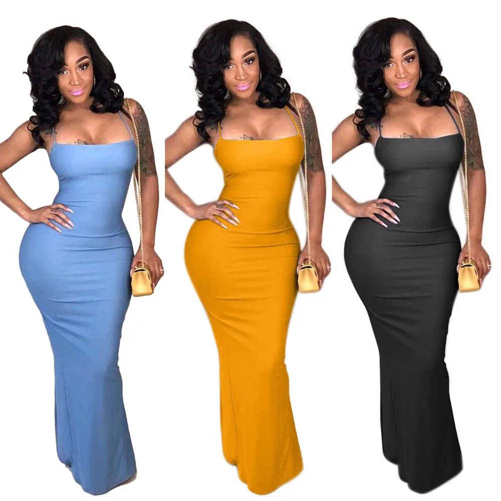 

Ladies Backless Solid Color Long Party Clubwear Dress Sexy Halter Bodycon Dresses