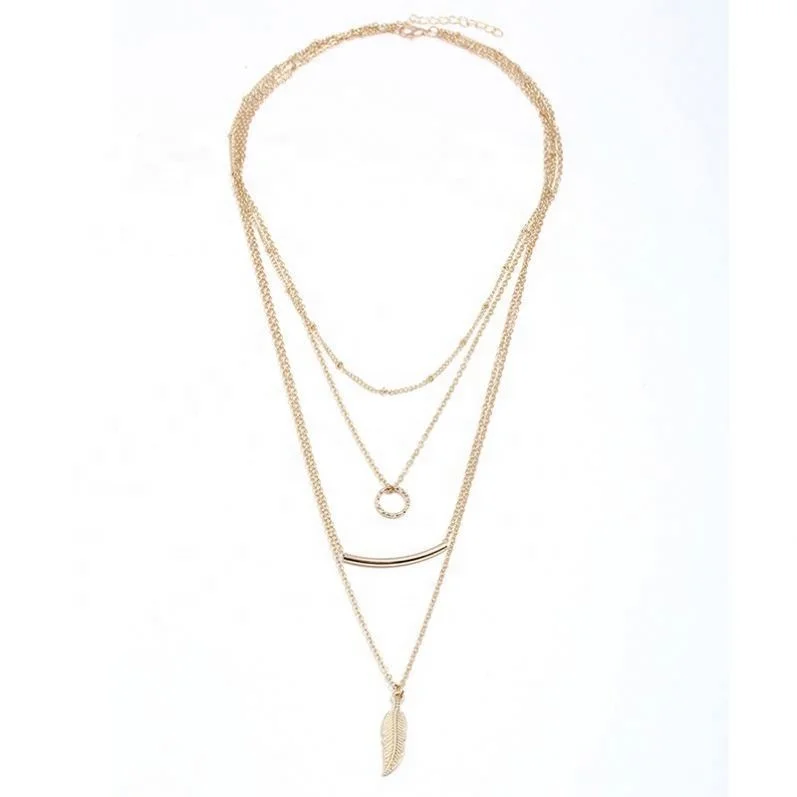 

Alloy Leaf Pendant Necklace Simple Multi Layer Women's Necklace Round Hollow Pendant Necklace, Gold