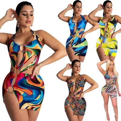 

2021 New Fashion Women Sexy Printed Swimsuit Ladies Hollow Out Casual Mini Dress Colorful Steel Ring Swimsuit For Women