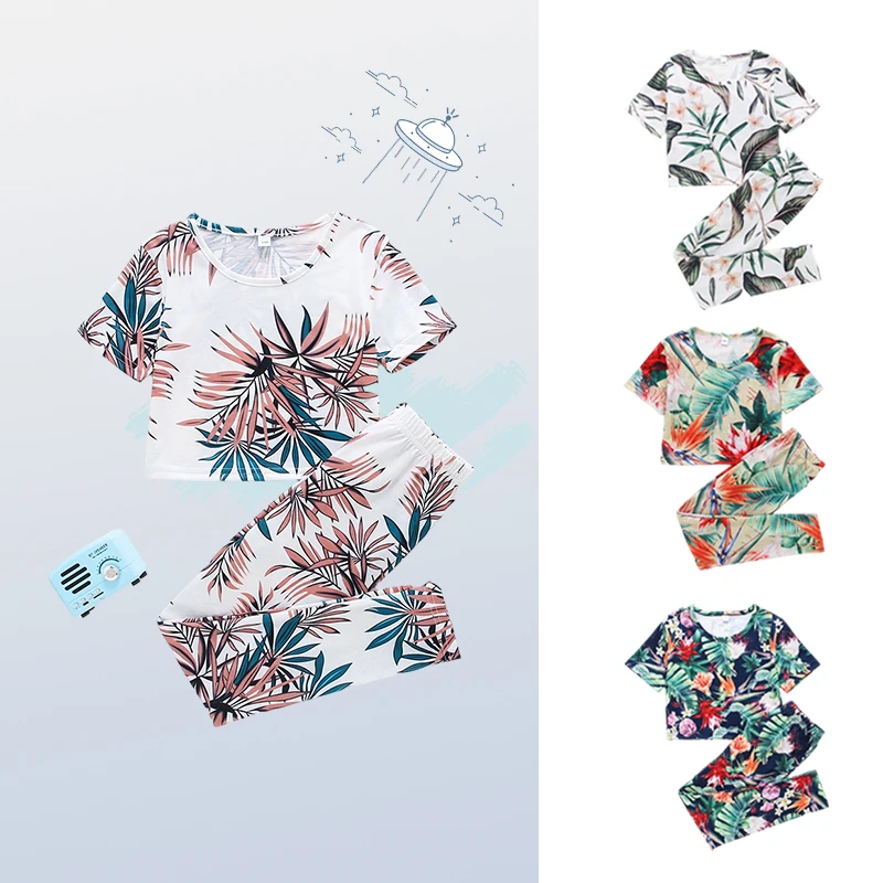 

2pcs Girls Leeaf Print PJ Set girls pajamas clothes set for girls 2pcs kids clothing set, Multicolor