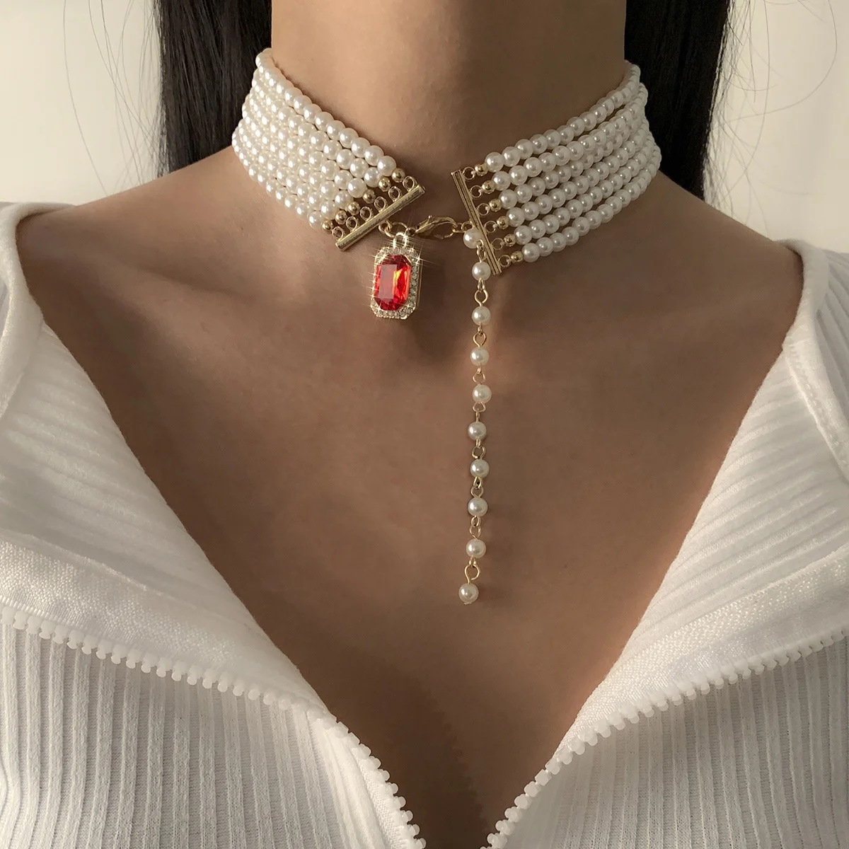

2021 New Designs Popular Party Jewelry choker Multiple Layer Pearl ruby gemstone Neck Choker For Women