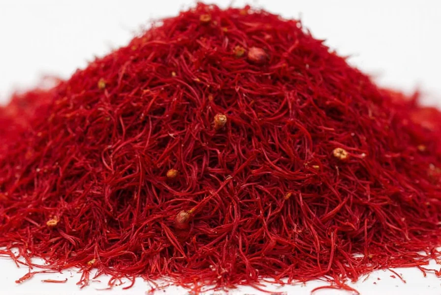 Saffron threads stored in traditional dark glass vial with wooden stopper on wooden table