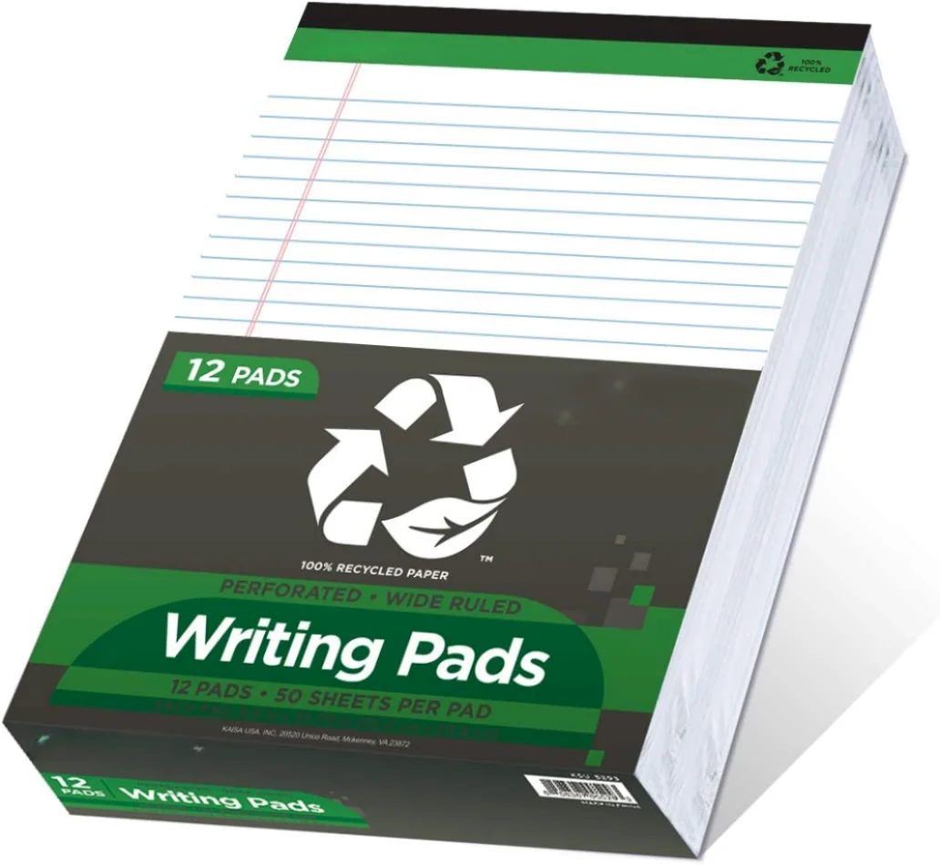 

Legal Pads Writing Pads Recycled Paper 8.5"x11.75"Wide Ruled 50 sheets 8-1/2"x 11-3/4"Perforated Write Pad White Pack of 12pads