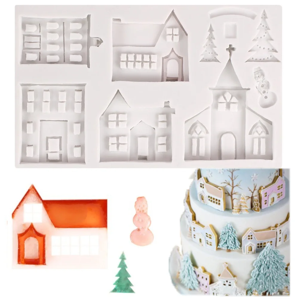 

0383 Castle liquid silicone fondant mold DIY decoration mold for cottage Christmas tree chocolate cake, Grey pink