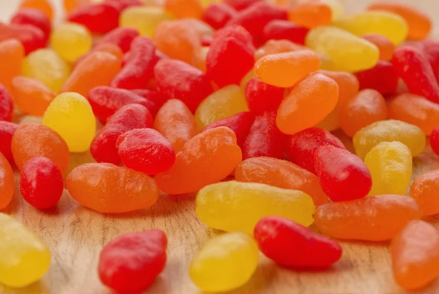 Close-up of assorted chili chews showing vibrant red, orange, and yellow gummy candies arranged on a wooden table