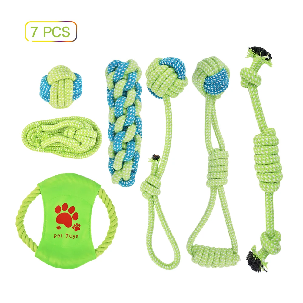 

Natural Cotton Green 7 Piece Set Dog Rope Chew Toys for Small Medium Large Dogs Teething Training