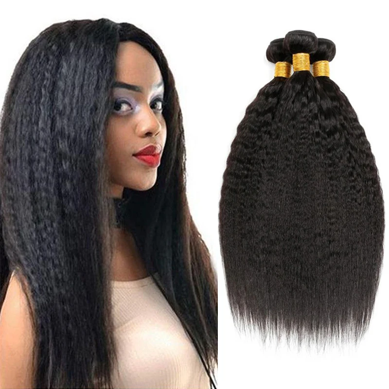 

Cuticle Aligned Raw Unprocessed Virgin Yaki Kinky Straight Brazilian Hair Bundles With Frontal, Natural colors