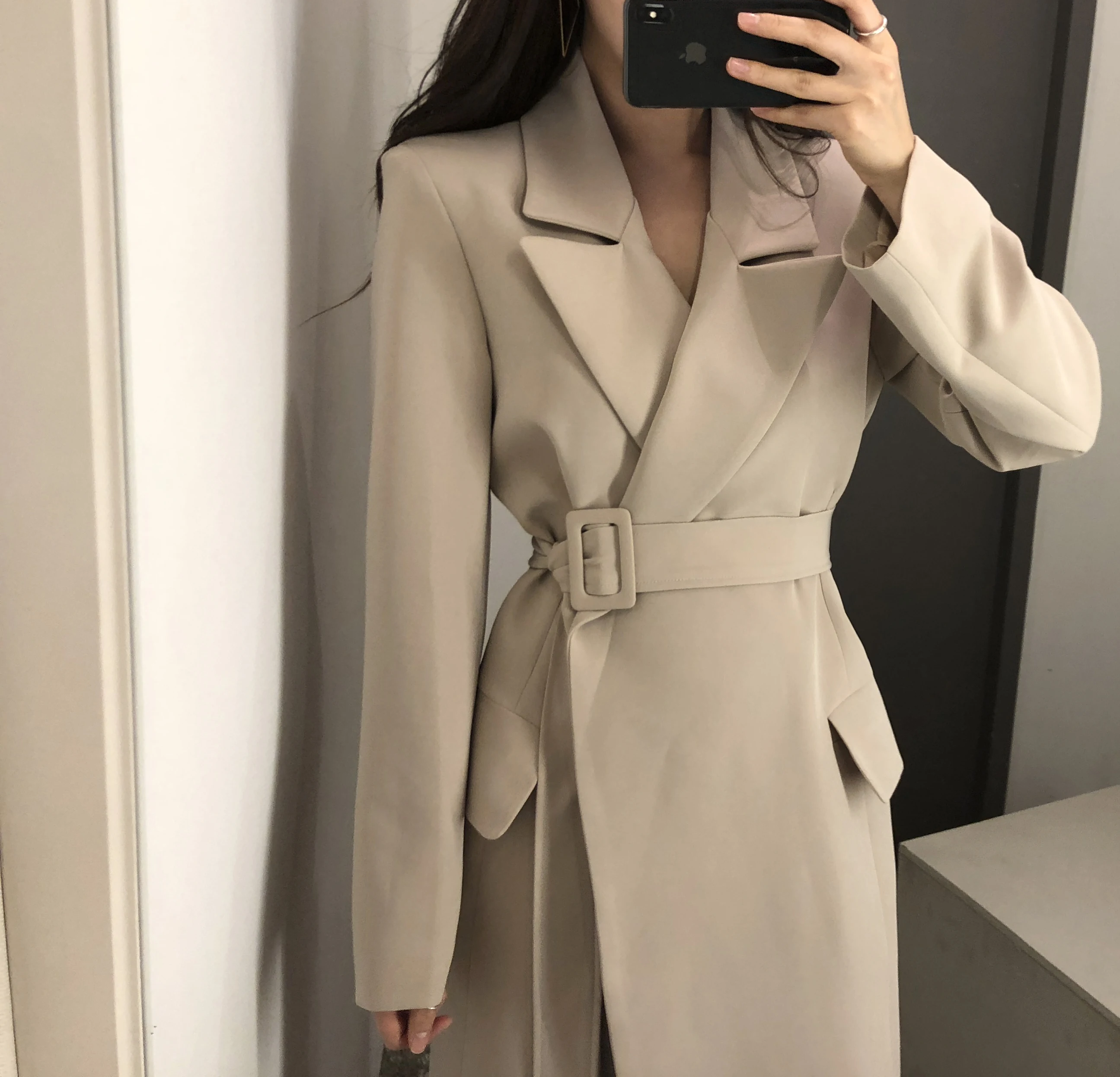 

LY234  Long Blazer Women Autumn Suit with Belt Female Casual Long Sleeve Trench Blazer Coat