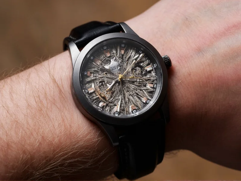 Finished custom watch on wrist with unique dial design