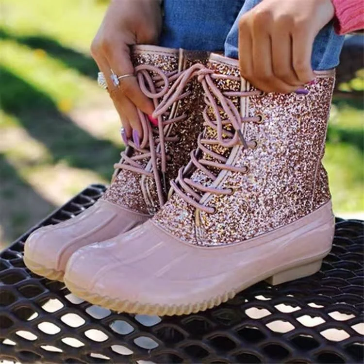 

Womens Waterproof Duck Boots Rainboots Fashion Glitter Non-slip Rubber Ankle Boots Winter Cotton Lined Warm Shoes Woman boots