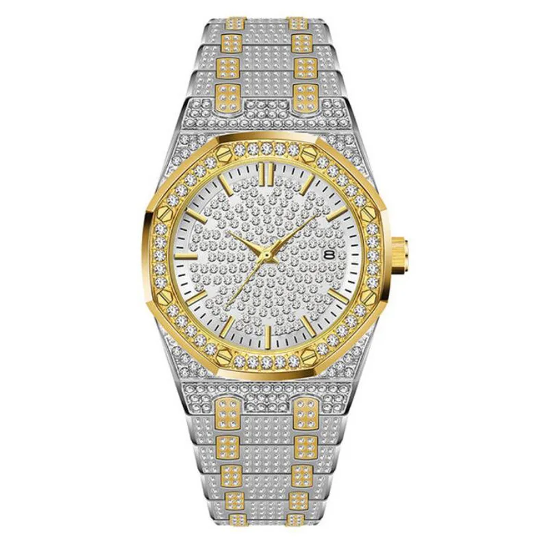 

Hip Hop Fashion Mens Gold Watch Iced Out Bling Diamond Waterproof Quartz Men Watches Punk Clock, 3 colors
