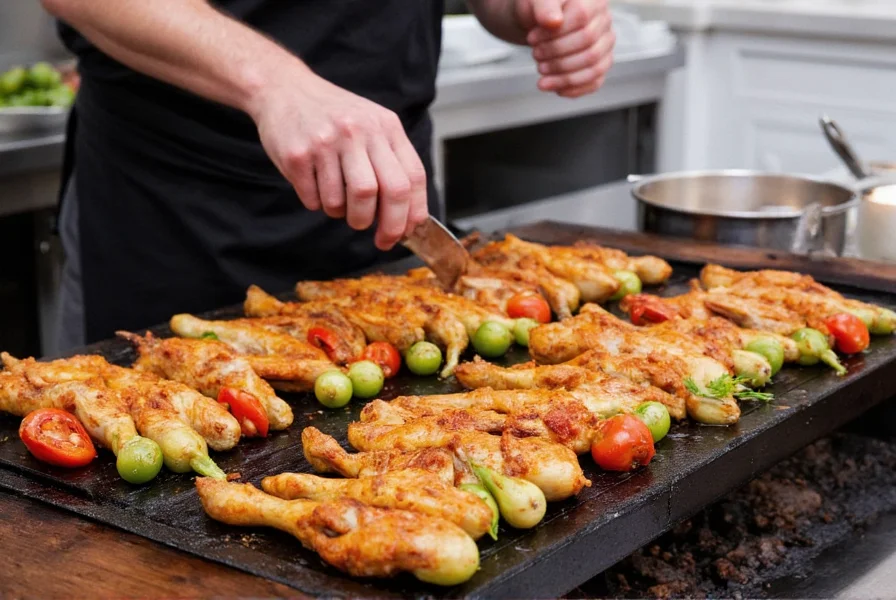 Chef preparing gochujang-marinated chicken with vegetables on grill