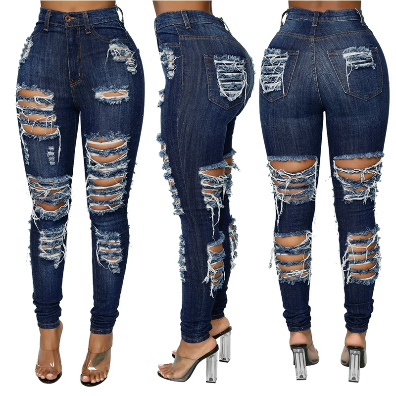 

2021 Basic Clothing Wholesale Fashionable Dark Blue Ladies Jean Women Destroyed Skinny Denim Jeans High Waist Women Pants