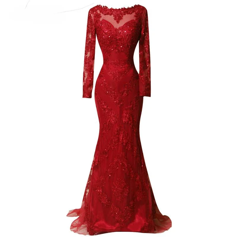 

Real Photos Red Full Sleeved Evening Dress 2023 Lace Appliques Mermaid Prom Dresses Elegant Long Sweep Train Formal Party Gowns