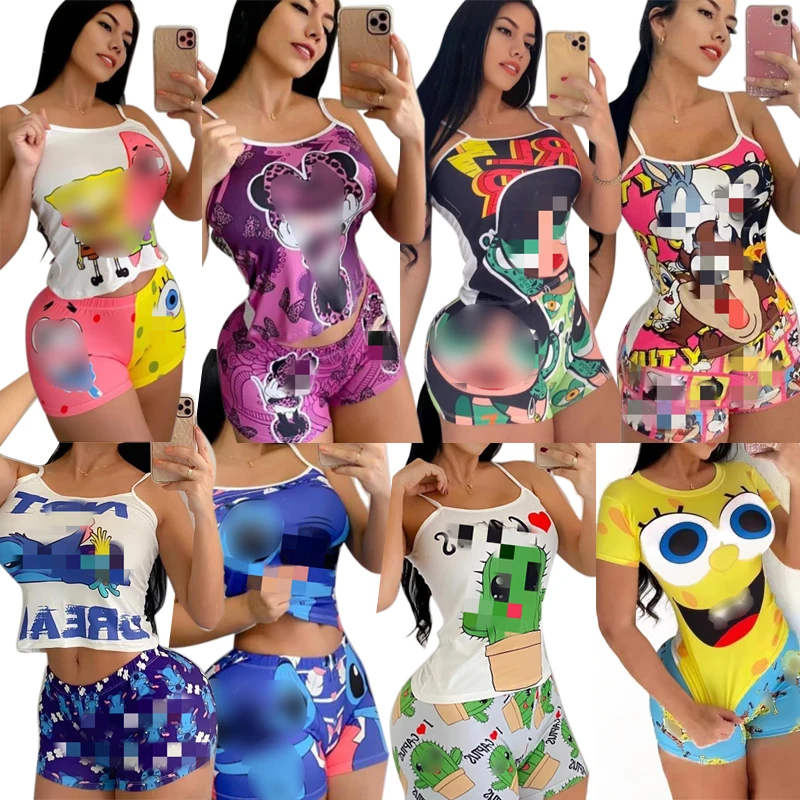 

KKVVSS 1518 summer sleepwear series cartoon printed silk pajama femme two piece sets in summer cute and sexy nightwear, As picture shown